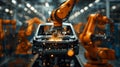 A robotic arm performs precision welding on a car chassis within the bustling environment of an automated automotive assembly line