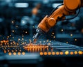 Robotic arm performs precision work creating sparks in a modern factory setting