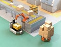 Robotic arm picking parcel from conveyor to AGV Royalty Free Stock Photo