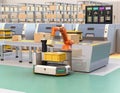 Robotic arm picking parcel from conveyor to AGV