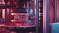 Robotic arm placing microchip on circuit board in factory