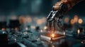 Robotic Arm Precisely Installing Microchip on Circuit Board Advanced Technology AI generated. Royalty Free Stock Photo