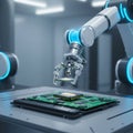 A robotic arm precisely positions a microchip onto a green circuit board in a sleek