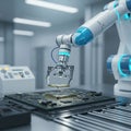 A robotic arm precisely positions a microchip onto a printed circuit board (PCB)