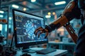Robotic arm programming control on computer interface in futuristic lab Royalty Free Stock Photo