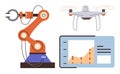 Robotic Arm, quadcopter, and Analytics Dashboard Representing Automation and Technological Innovation Royalty Free Stock Photo