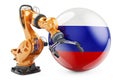 Robotic arm with Russian flag. Modern technology, industry and production in Russia concept, 3D rendering