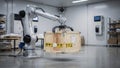 Robotic arm in sharp focus lifting a large fragile crate in a climatecontrolled art handling bay soft blurred details of Royalty Free Stock Photo
