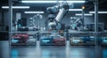 Robotic arm sorting components into labeled storage containers in a factory setting Royalty Free Stock Photo