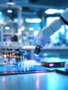 A robotic arm a symbol of automation and precision performs delicate tasks in a clean and modern laboratory environment The arm