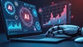 Robotic arm types on laptop with ai interface. Futuristic screen shows charts graphs. Digital data analysis for machine learning Royalty Free Stock Photo