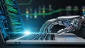 Robotic arm typing on a laptop keyboard with lines of code displayed on the screen in blue light Royalty Free Stock Photo