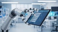 Robotic arm uses a digital tablet to manage tasks in a modern laboratory setting today Royalty Free Stock Photo