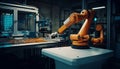 Robotic arm welding steel in futuristic factory generated by AI