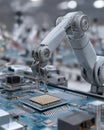 Robotic arm working on a computer processor chip on circuit board. Royalty Free Stock Photo