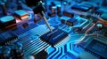 Robotic arm writing on circuit board surrounded by advanced microelectronics technology