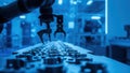Robotic arms assemble components in a high-tech factory glowing with blue lights. A sleek, efficient environment Royalty Free Stock Photo