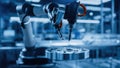 Robotic arms assemble components in a high-tech factory glowing with blue lights. A sleek, efficient environment Royalty Free Stock Photo