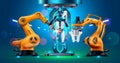 Robotic Arms Assemble the Cyborg or Humanoid Robot on Factory. Engineering Laboratory Productions Constructions Body, Head, and