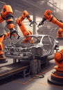 Robotic arms assembling a car frame in a modern manufacturing facility