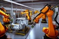 Robotic arms assembling car parts in a factory, increasing efficiency and precision
