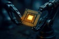 Robotic arms holding a glowing computer processor chip with intricate circuitry technology computer chip Royalty Free Stock Photo