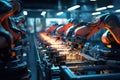 Robotic arms efficiently work on a conveyor belt in a factory, handling production tasks efficiently, Precision robotic arms