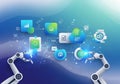Robotic arms interact with digital icons representing data, charts, Royalty Free Stock Photo