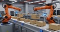 Robotic Arms Moving Boxes on Conveyor Belt Royalty Free Stock Photo