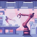 Robotic arms operate in an industrial setting, illuminated by overhead lights. The Royalty Free Stock Photo