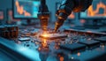 Robotic arms precisely work on glowing computer chip on circuit board. High tech laboratory instruments test electronic Royalty Free Stock Photo