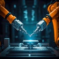 Robotic arms in semiconductors and computer manufacturing, building Ai microchips and circuit boards, quantum computing nano