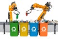Robotic arms sorting garbage, automatic sorting of trash. 3D rendering Royalty Free Stock Photo