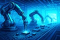 Robotic arms working on a circuit board with glowing components in a blue factory setting robots automation Royalty Free Stock Photo