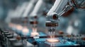 Robotic arms working on electronic circuit board, placing microchip Royalty Free Stock Photo