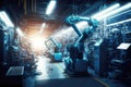 Robotic arms working in modern technology factory. Automation in heavy industry. Generative AI