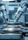 Robotic arms working on semiconductor wafers in a cleanroom environment