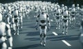 Robotic army marching on urban street, futuristic humanoid robots in formation, advanced technology, artificial