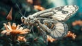 Robotic artificial butterfly pollinating a flower. Representation of a futuristic insectoid robot pollinator in a technologically Royalty Free Stock Photo