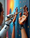 A robot artist paints an abstract artwork with a paintbrush, showcasing modern art and technology Royalty Free Stock Photo