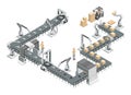 Robotic assembly line in an automated factory. Conveyor system and robotic arms. Isometric