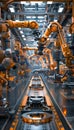 Robotic assembly line in automotive factory, robots building car components in workshop