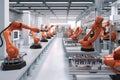 robotic assembly line, with a stream of parts moving past and being assembled into finished products