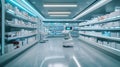 Robotic assistant navigating modern pharmacy aisle with shelves of medicine Royalty Free Stock Photo