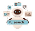 Robotic assistant showcasing AI-powered search and learning systems. Technology and innovation. Flat vector illustration