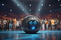 A robotic ball is sitting on a stadium floor in front of people. AI Generated