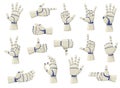 Robotic bionic hands. Mechanical human arms. Different position of fingers. Gesture to point, ok and like. Artificial