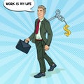 Robotic Businessman Going to Work with Key of his Back. Pop Art illustration Royalty Free Stock Photo