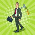 Robotic Businessman with Key of his Back. Work Automation. Pop Art illustration Royalty Free Stock Photo