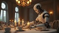 A robotic butler setting a dining table in a luxury mansion, Ai generated image Royalty Free Stock Photo